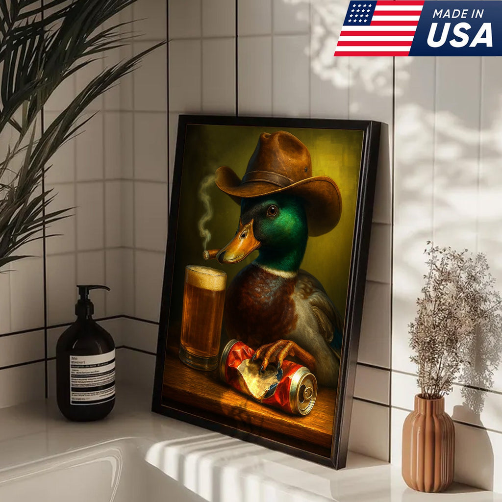 Duck Cowboy Canvas Wall Art – Funny Rustic Beer Decor for Waterfowl Hunters & Cabins