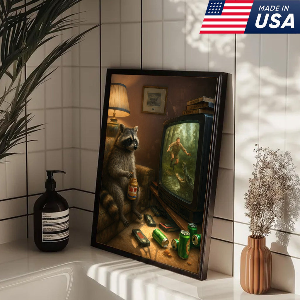 Funny Raccoon Watching TV Wall Art – Lazy Animal Painting, Wildlife Humor Canvas