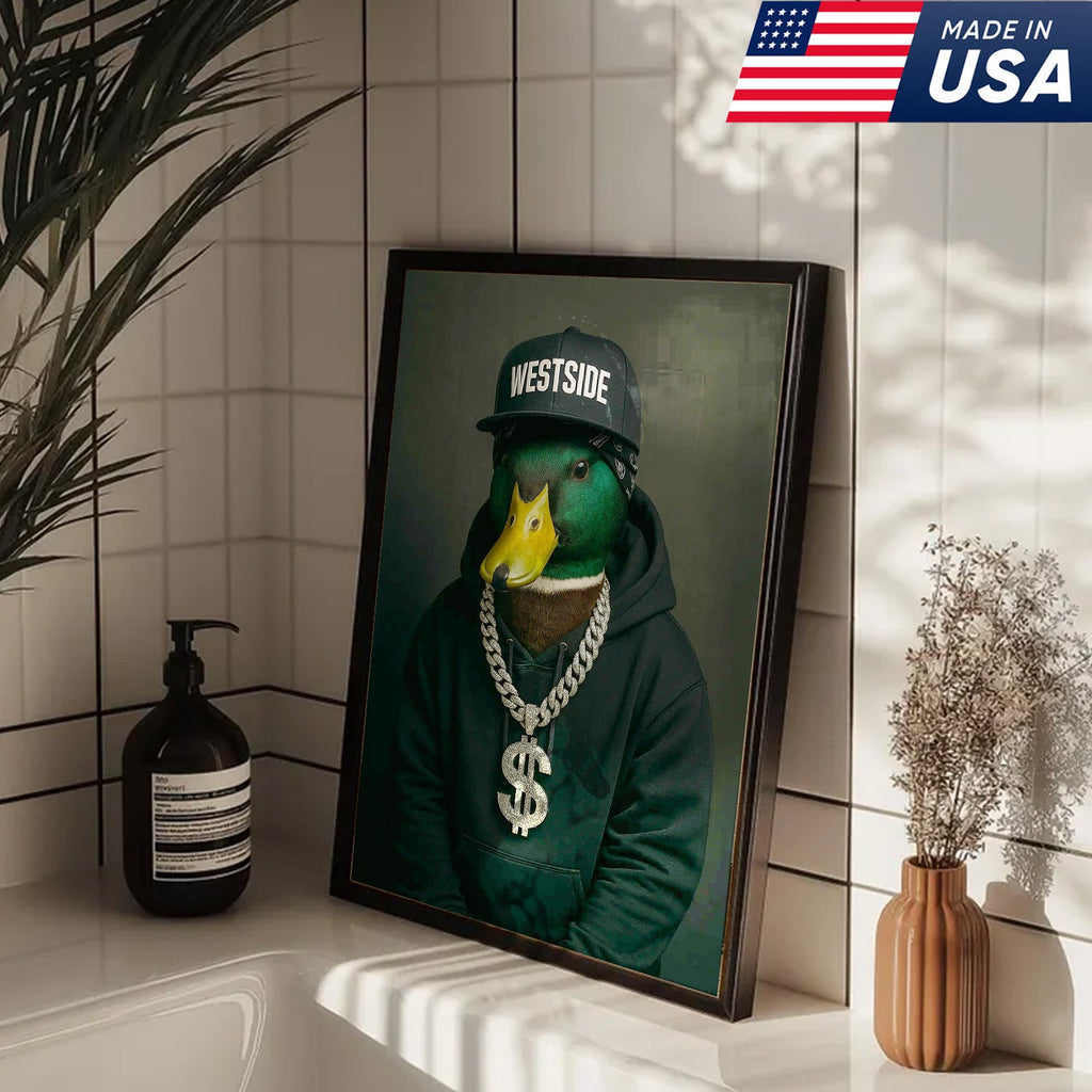 Gangster Duck Canvas Wall Art – Funny Animal Portrait, Hip Hop Duck Decor