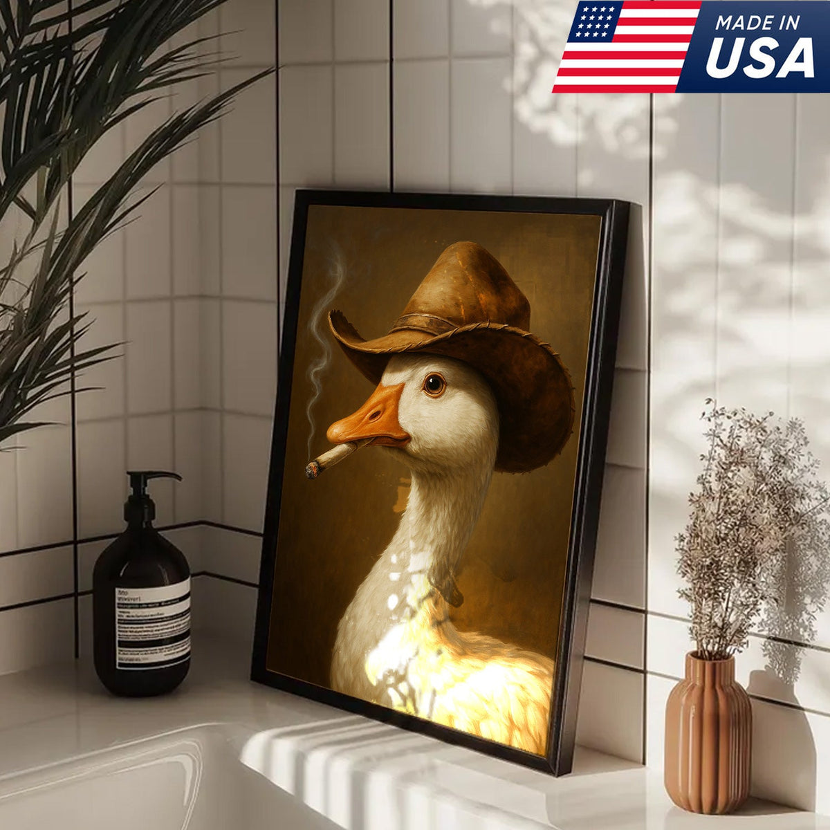 Cowboy Duck Canvas Wall Art – Funny Rustic Decor for Hunters & Man Cave