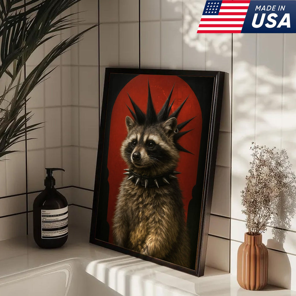 Punk Raccoon Canvas Wall Art, Spiked Mohawk Animal Portrait, Gothic Aesthetic Room Decor