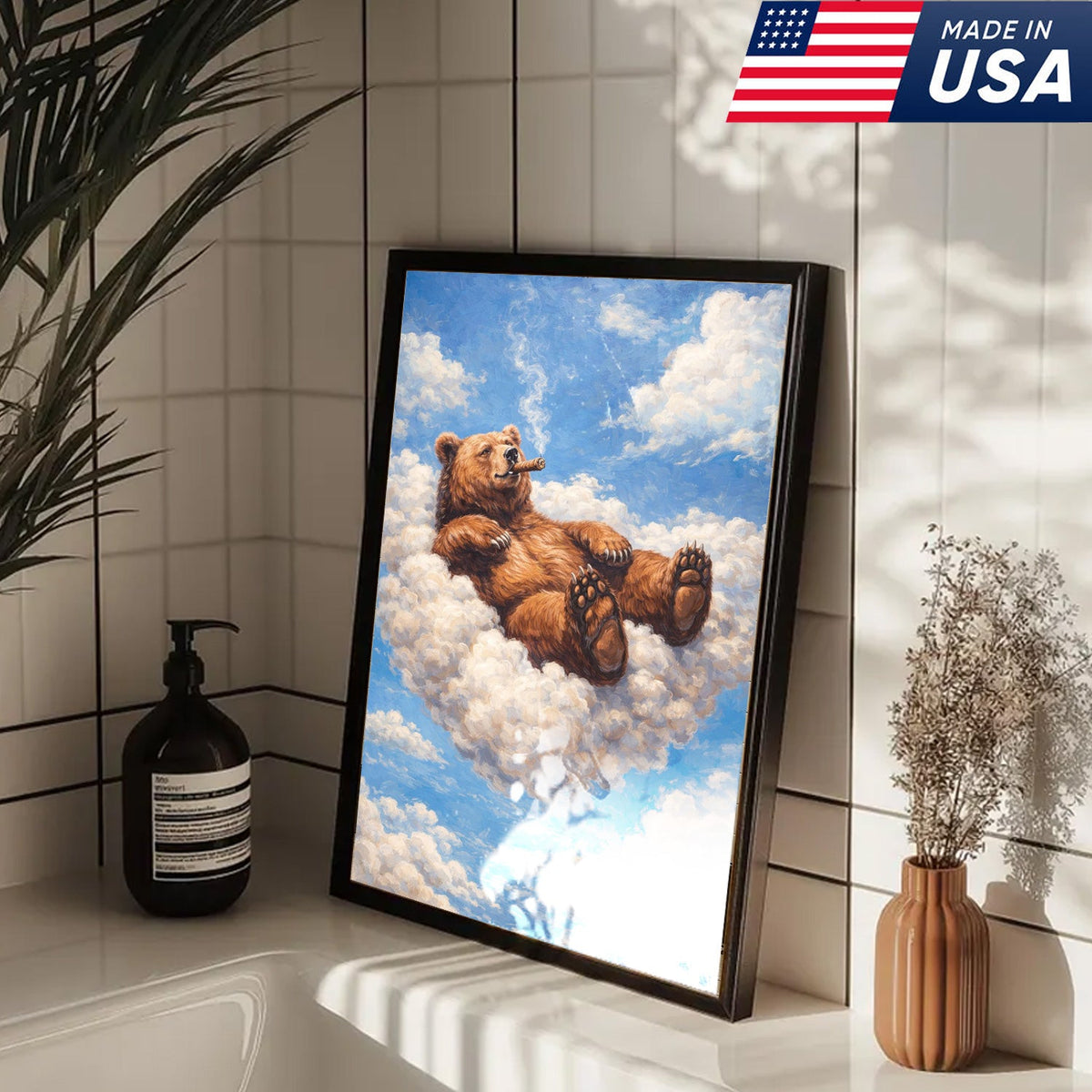 Relaxed Bear on Cloud Canvas Wall Art, Whimsical Animal Fantasy Illustration