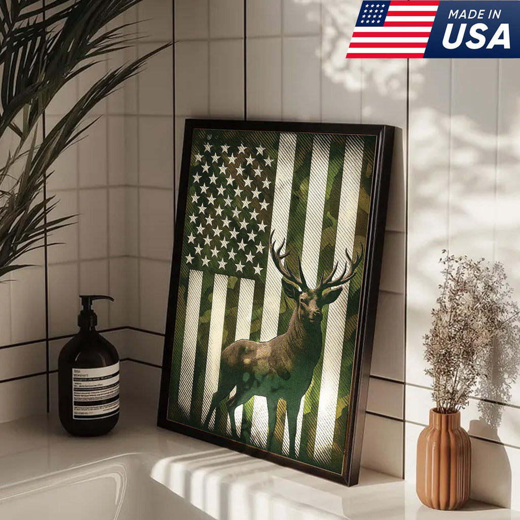 Patriotic Deer American Flag Canvas Wall Art, Camo USA Flag Buck Print