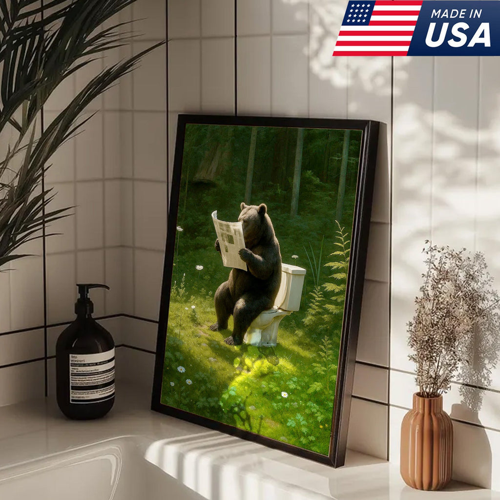 Bear on Toilet Reading Newspaper Canvas Wall Art, Funny Bathroom Decor for Cabin & Lodge