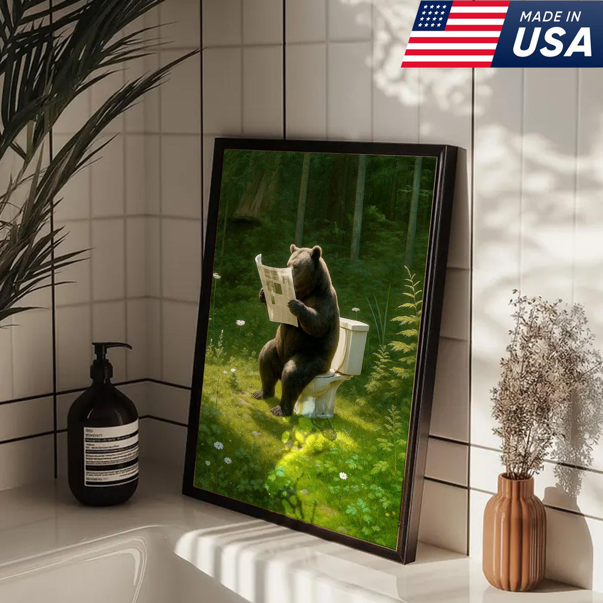 Bear on Toilet Reading Newspaper Canvas Wall Art, Funny Bathroom Decor for Cabin & Lodge