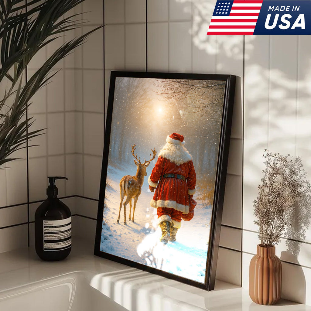 Santa and Deer Christmas Canvas Wall Art – Cozy Winter Forest Decor, Holiday Gifts for Home Lovers