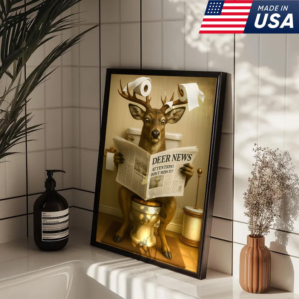 Funny Deer Bathroom Canvas – “Deer News” Toilet Wall Art for Hunters, Cabin, or Man Cave Decor
