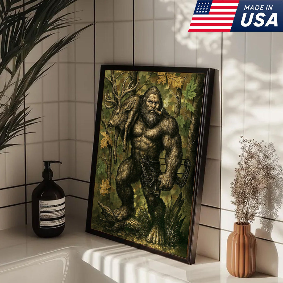 Bigfoot Hunter Canvas Wall Art, Mythical Sasquatch Bowhunting Deer Artwork