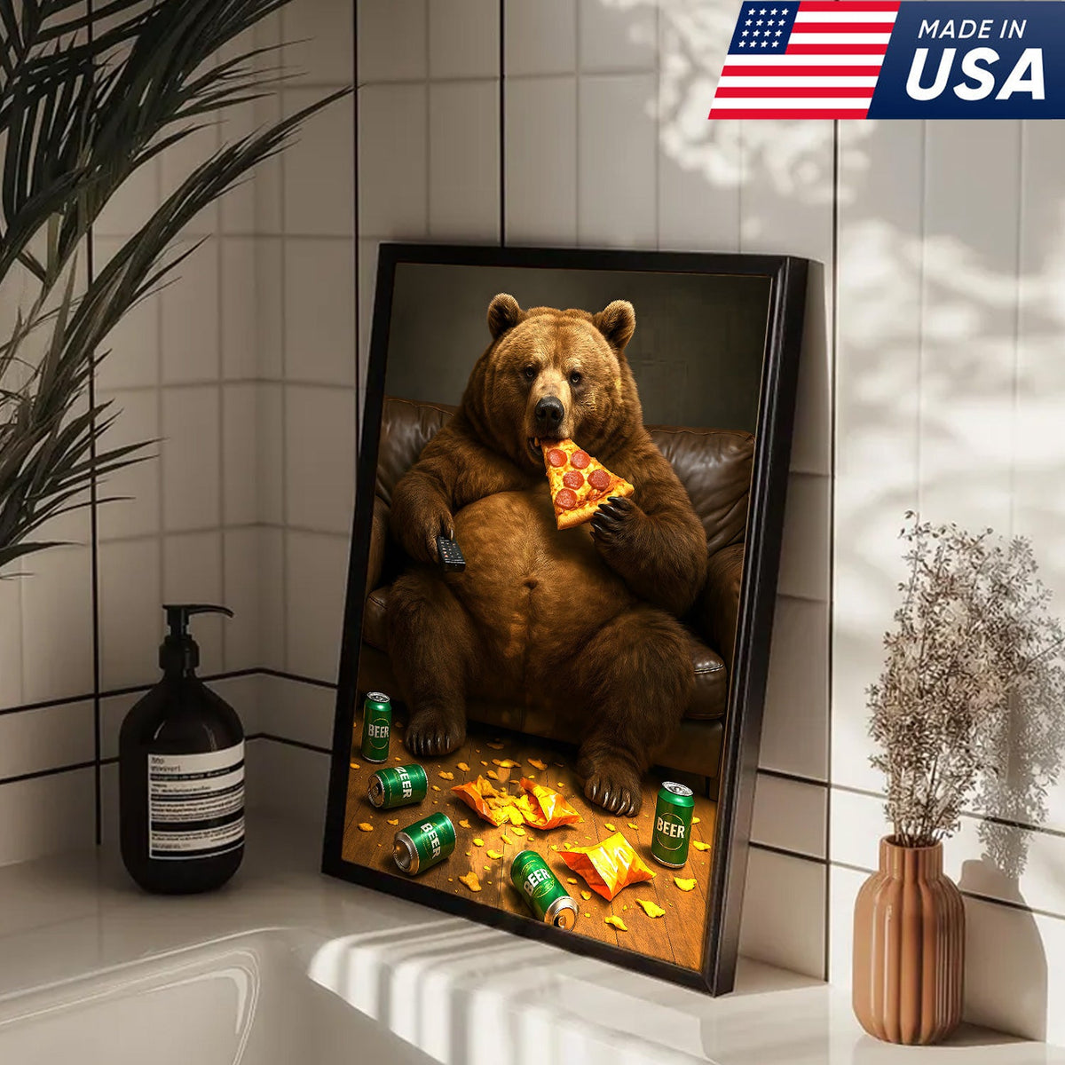Funny Bear Eating Pizza Canvas Wall Art – Lazy Beer Lover Animal Canvas, Man Cave