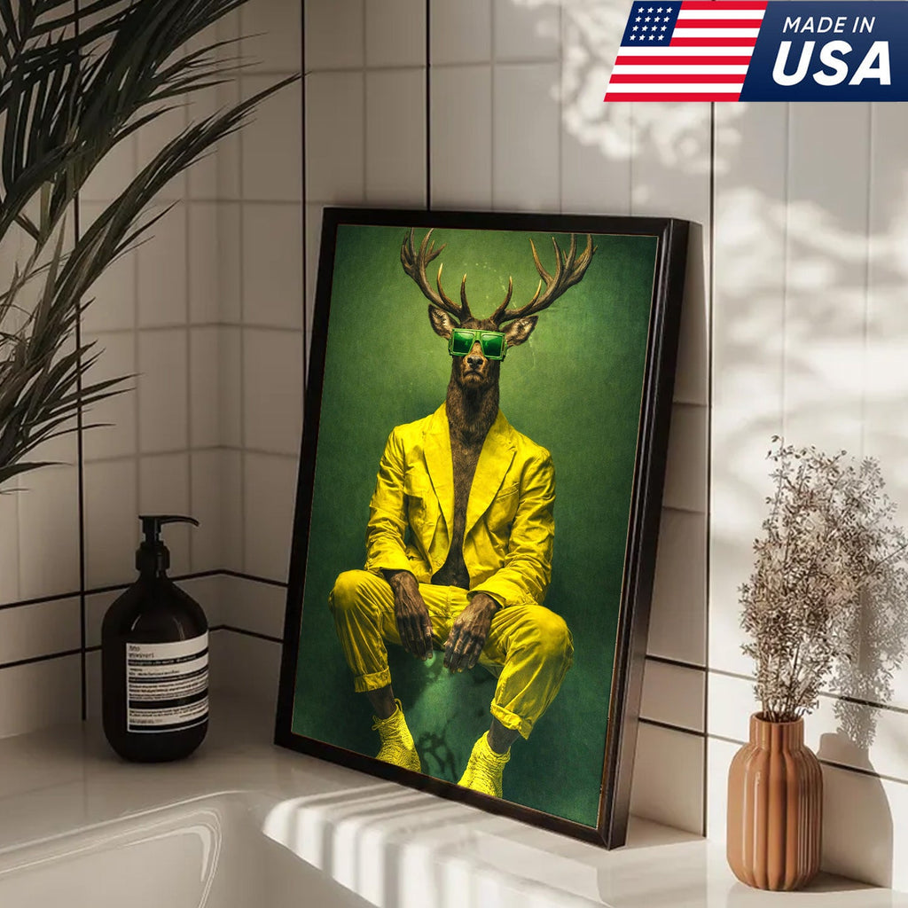 Cool Deer Canvas Wall Art Stylish Animal Portrait Green Suit Modern Decor