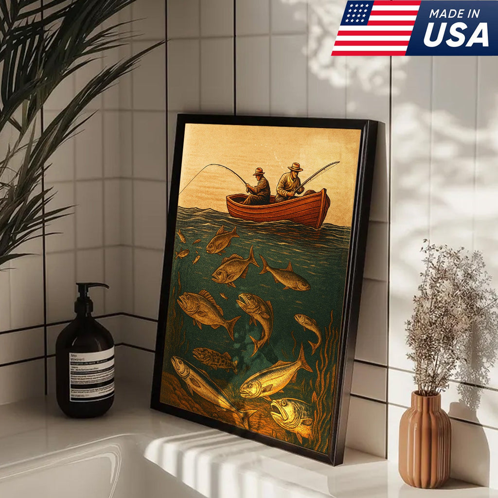 Vintage Fishermen Woodcut Wall Art – Retro Fishing Canvas Print