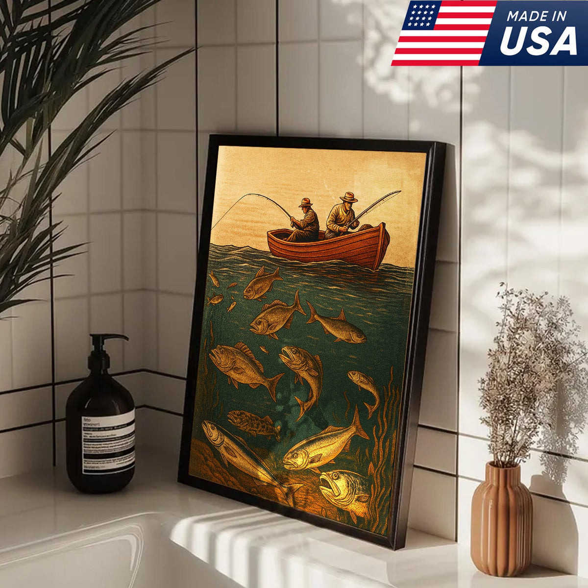 Vintage Fishermen Woodcut Wall Art – Retro Fishing Canvas Print
