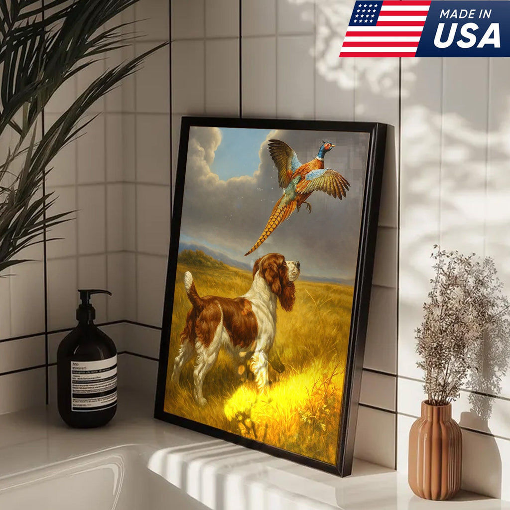 Hunting Dog and Pheasant Canvas Wall Art – Rustic Wildlife Scene – Lodge and Cabin Decor