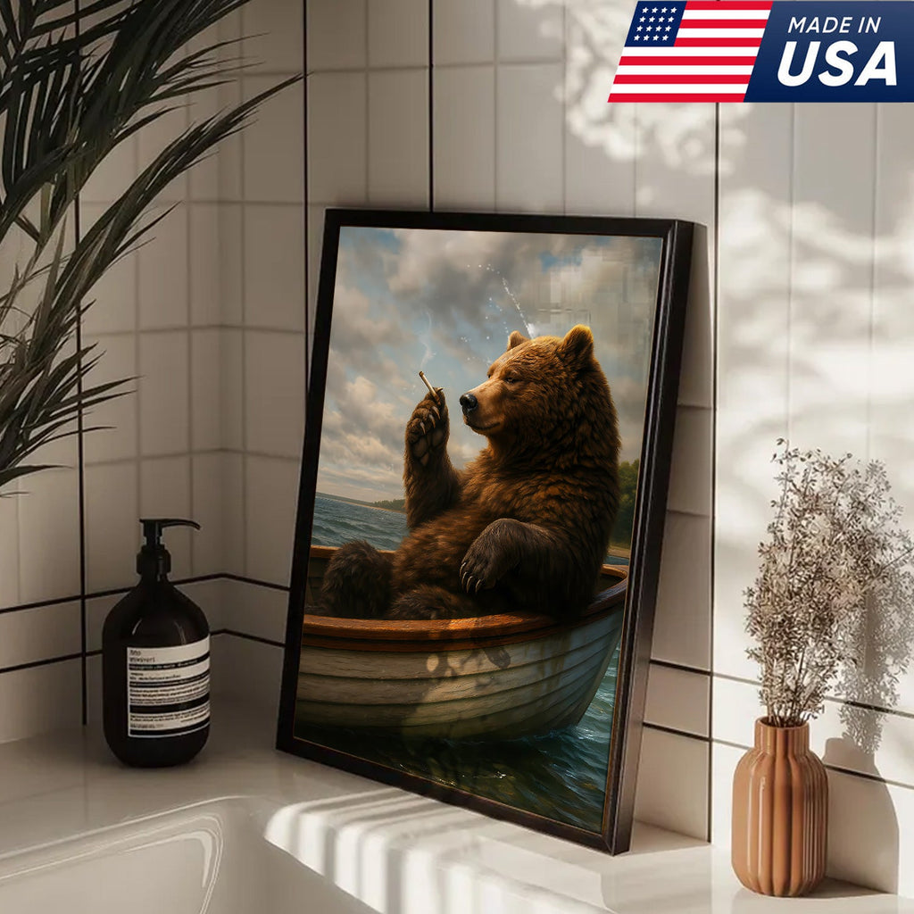 The Chill Bear on the Boat Wall Art Canvas – Funny Relaxed Wall Art for Men