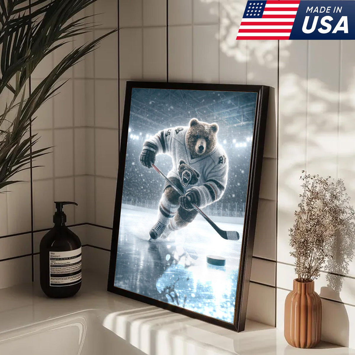 Epic Bear Ice Hockey Canvas Wall Art – Realistic Animal Athlete Print