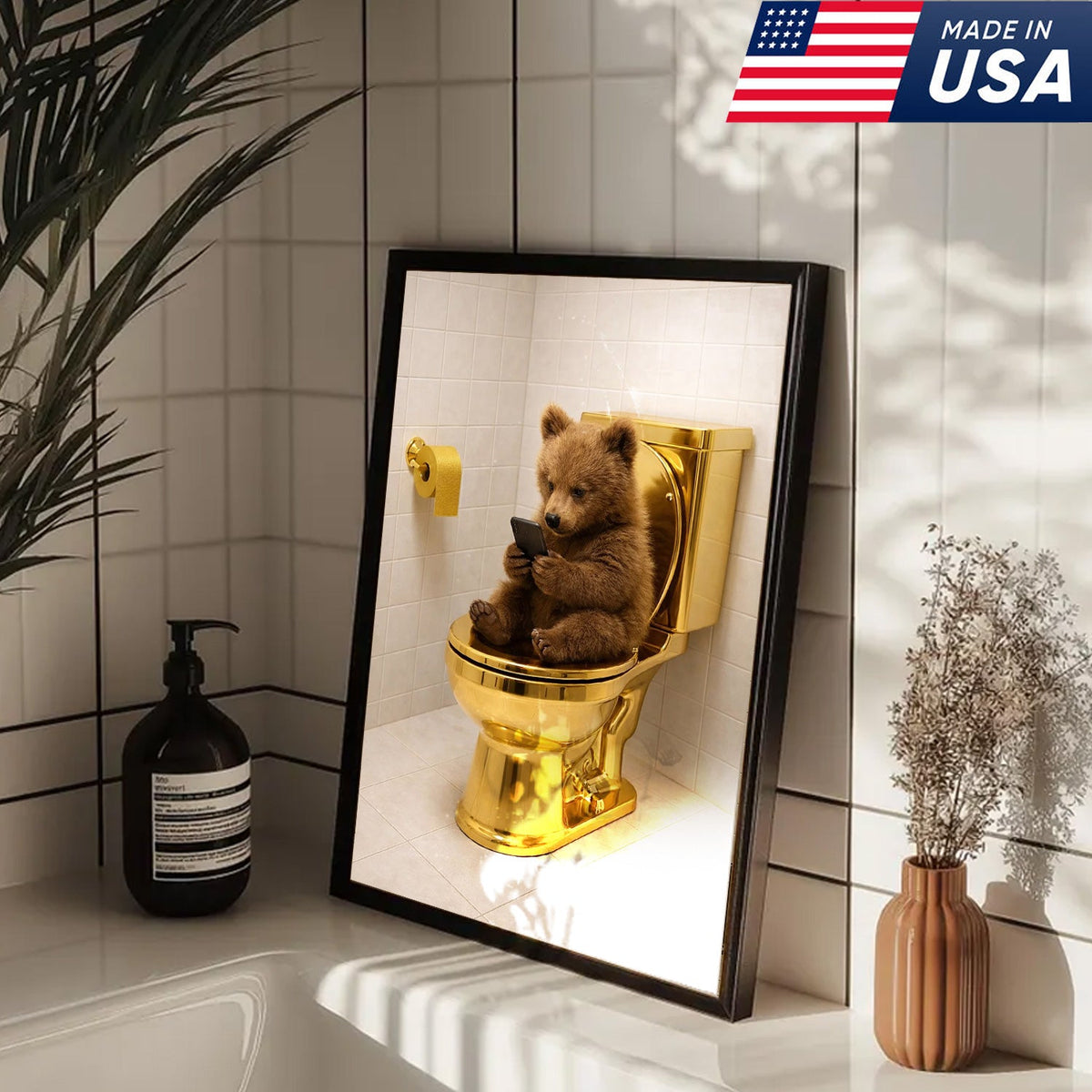 Funny Bear on Golden Toilet Canvas Wall Art, Cute Animal Bathroom Humor Illustration