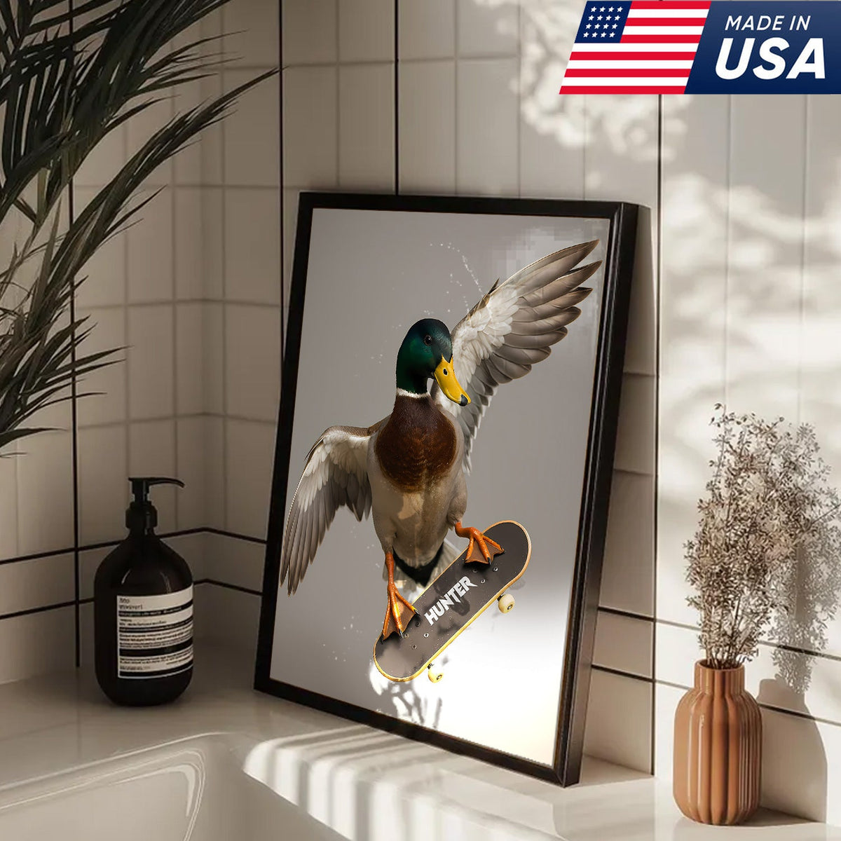 Funny Skater Duck Canvas, Cool Mallard Wall Art, Humorous Bird Lover Decor for Man Cave