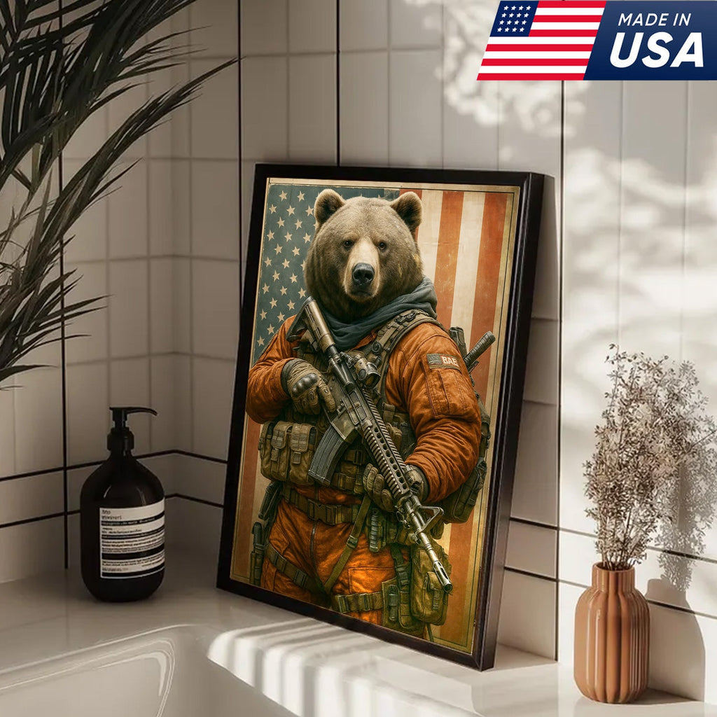 Patriotic Bear Soldier Wall Art Canvas, Tactical Military Animal with American Flag