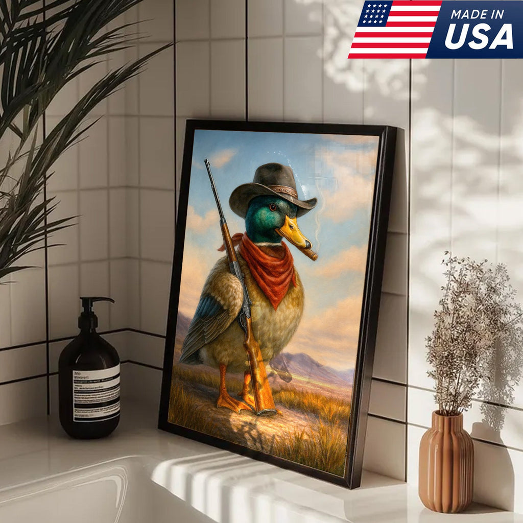 Cowboy Duck with Rifle Canvas Wall Art, Funny Western Hunter Decor for Lodge or Cabin