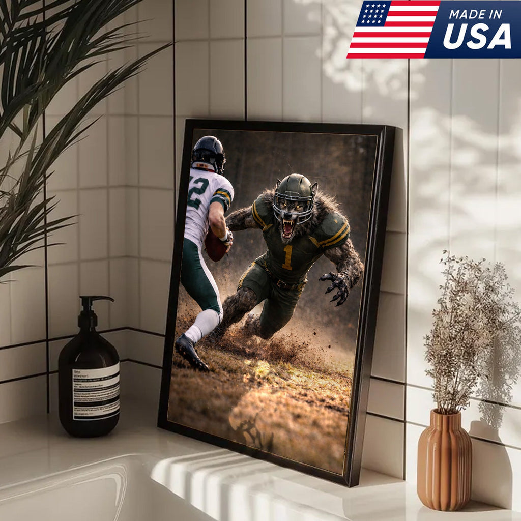 Fierce Wolf Football Canvas Wall Art – Intense Stadium Tackle Sports Print