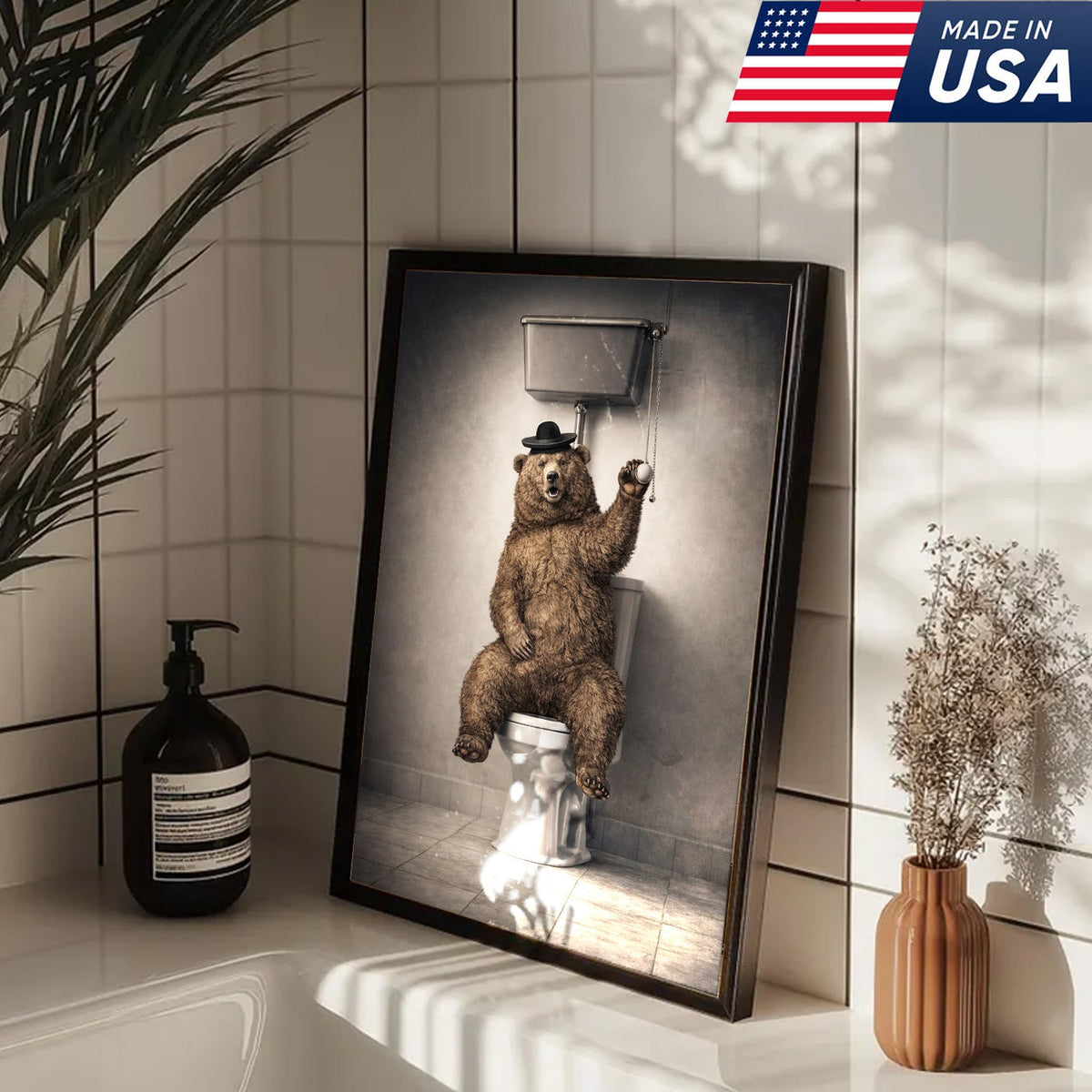 Funny Bear Bathroom Canvas Wall Art – Bear On Toilet Painting
