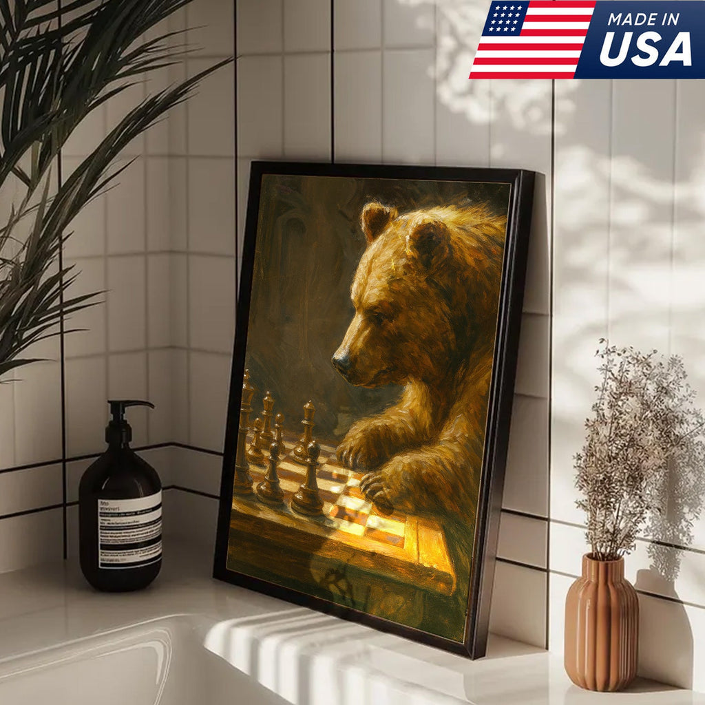 Rustic Bear Playing Chess Canvas Wall Art for Hunting Cabin or Lodge Decor, Wildlife Gift Idea