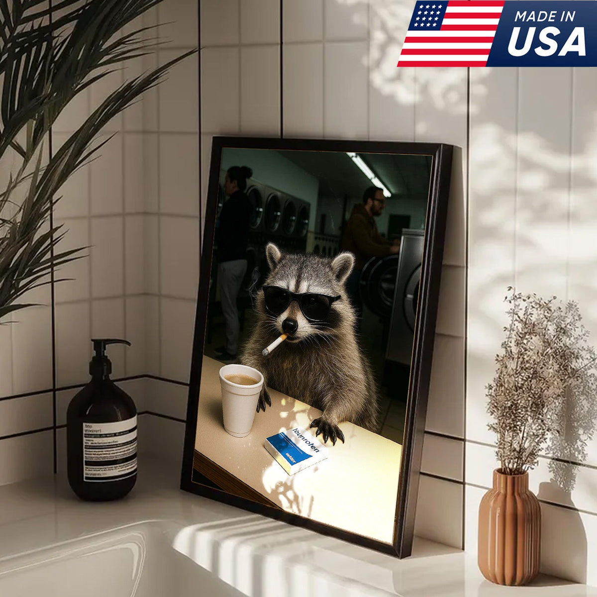 Cool Raccoon Laundromat Canvas Wall Art, Funny Coffee Drinking Raccoon Print