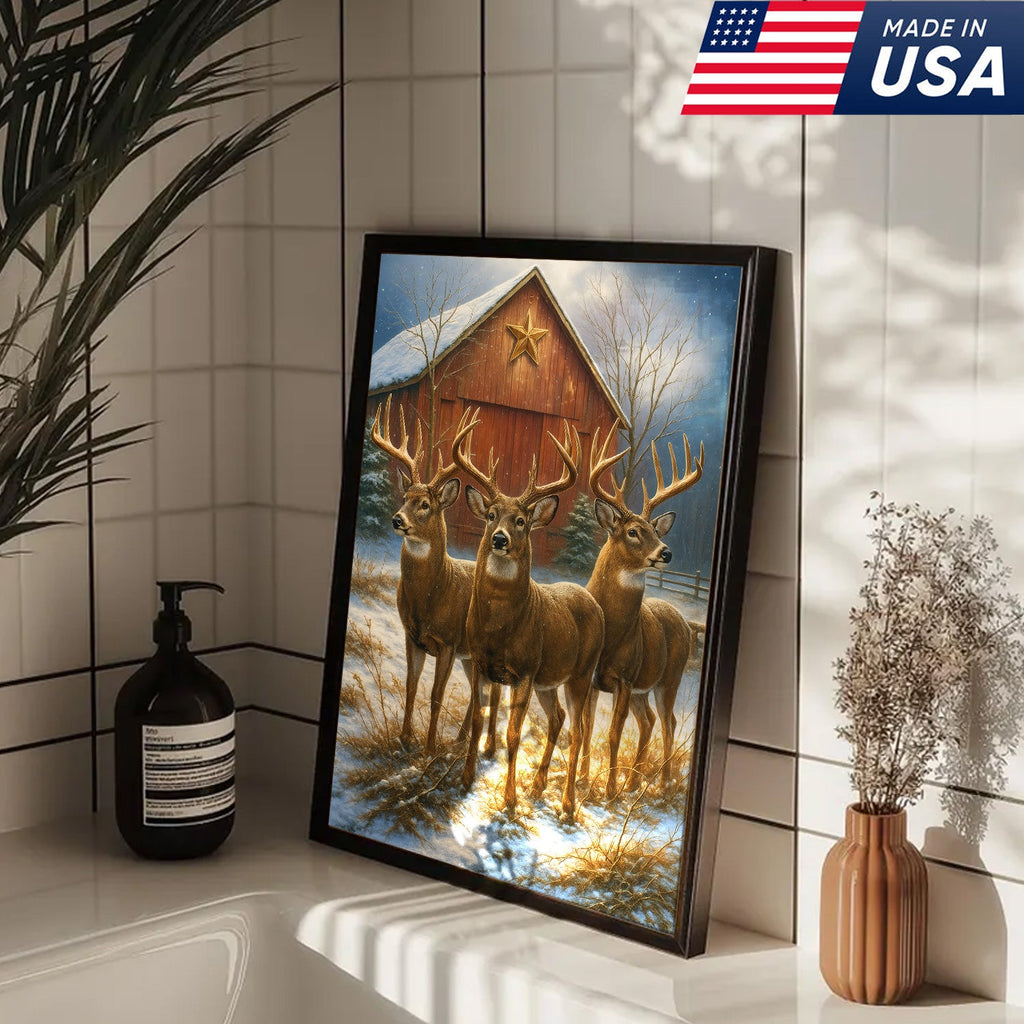 Deer Trio Winter Barn Canvas – Rustic Wildlife Wall Art Gift for Hunters, Nature & Christmas Lovers