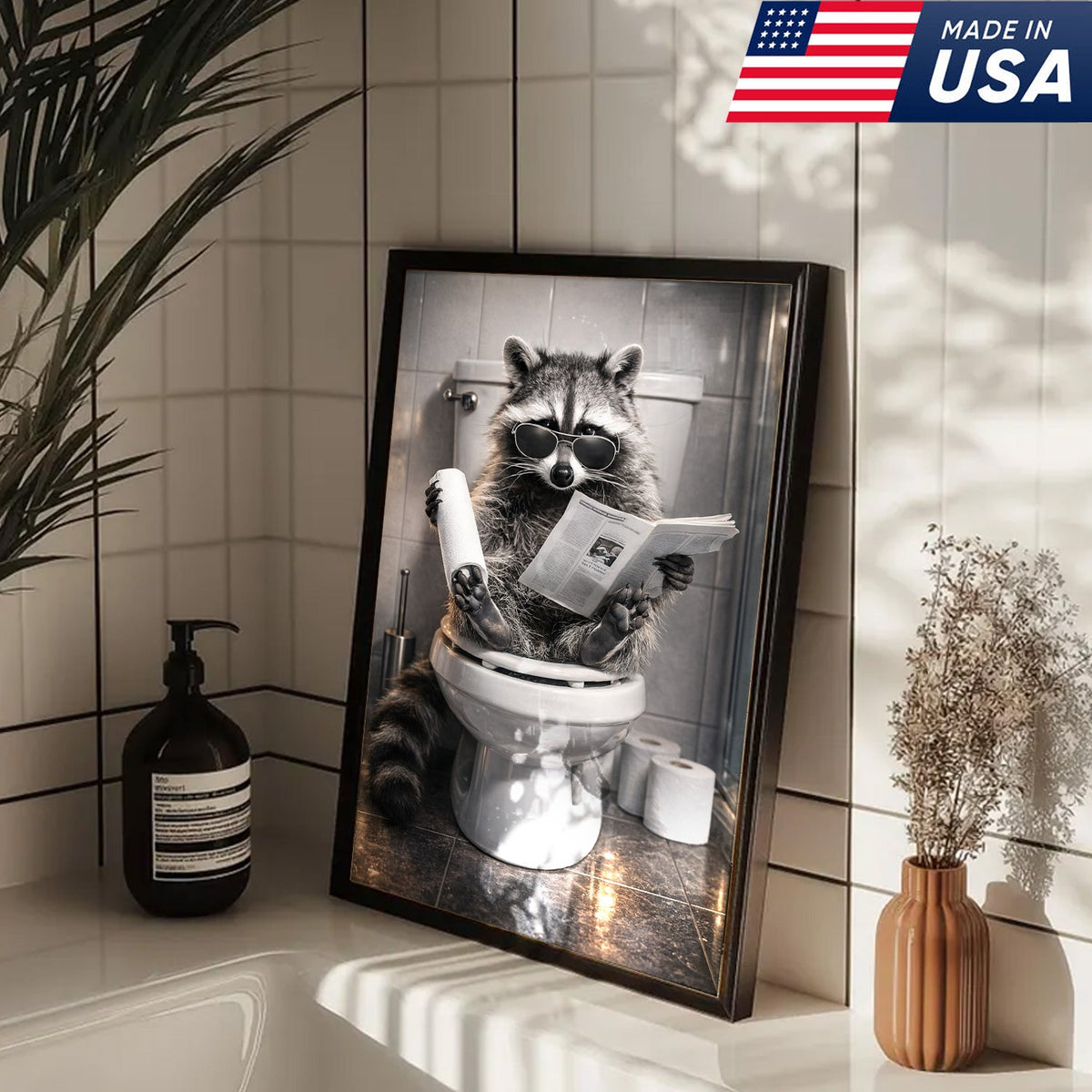 Raccoon Bathroom Humor Canvas – Funny Toilet Reading Wall Art for Restroom Decor