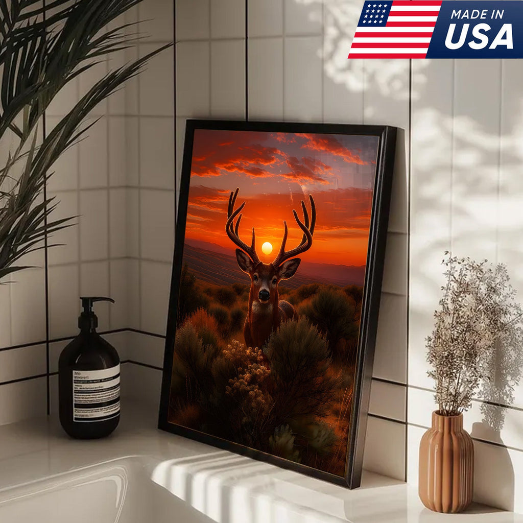Deer Sunset Canvas Wall Art, Majestic Buck Silhouette in Orange Sky
