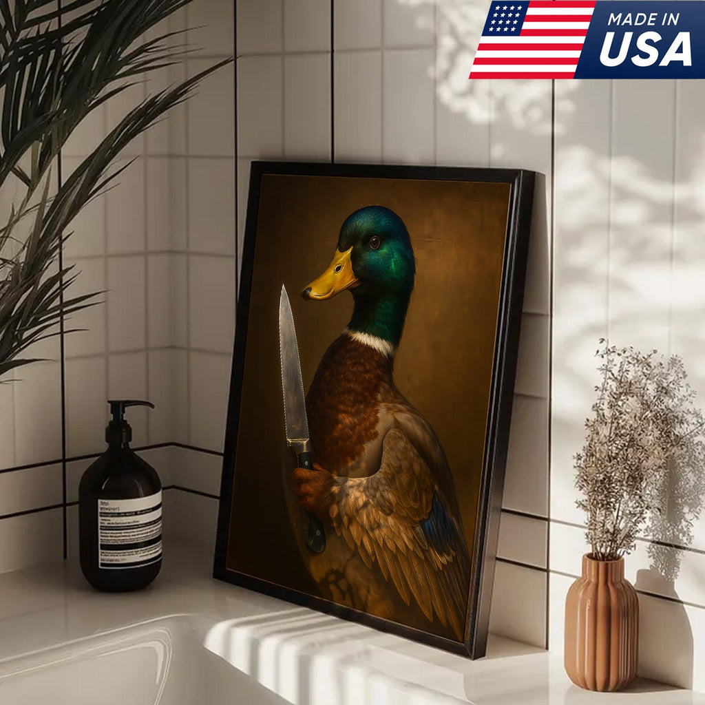 Funny Duck With Knife Wall Art – Mallard Portrait Painting, Dark Humor Animal Canvas