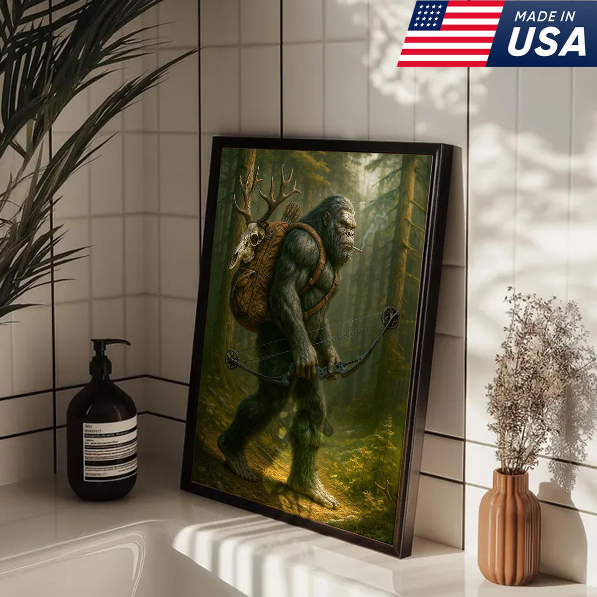 Bigfoot Hunter Canvas, Forest Archery Wall Art, Rustic Woodland Decor for Outdoor Adventure Lovers