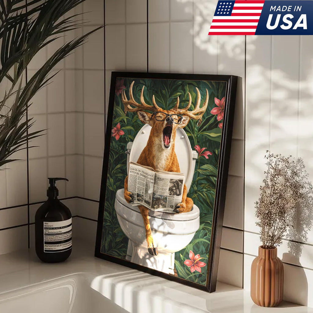 Funny Deer Toilet Canvas Wall Art – Humorous Animal Bathroom Decor with Newspaper
