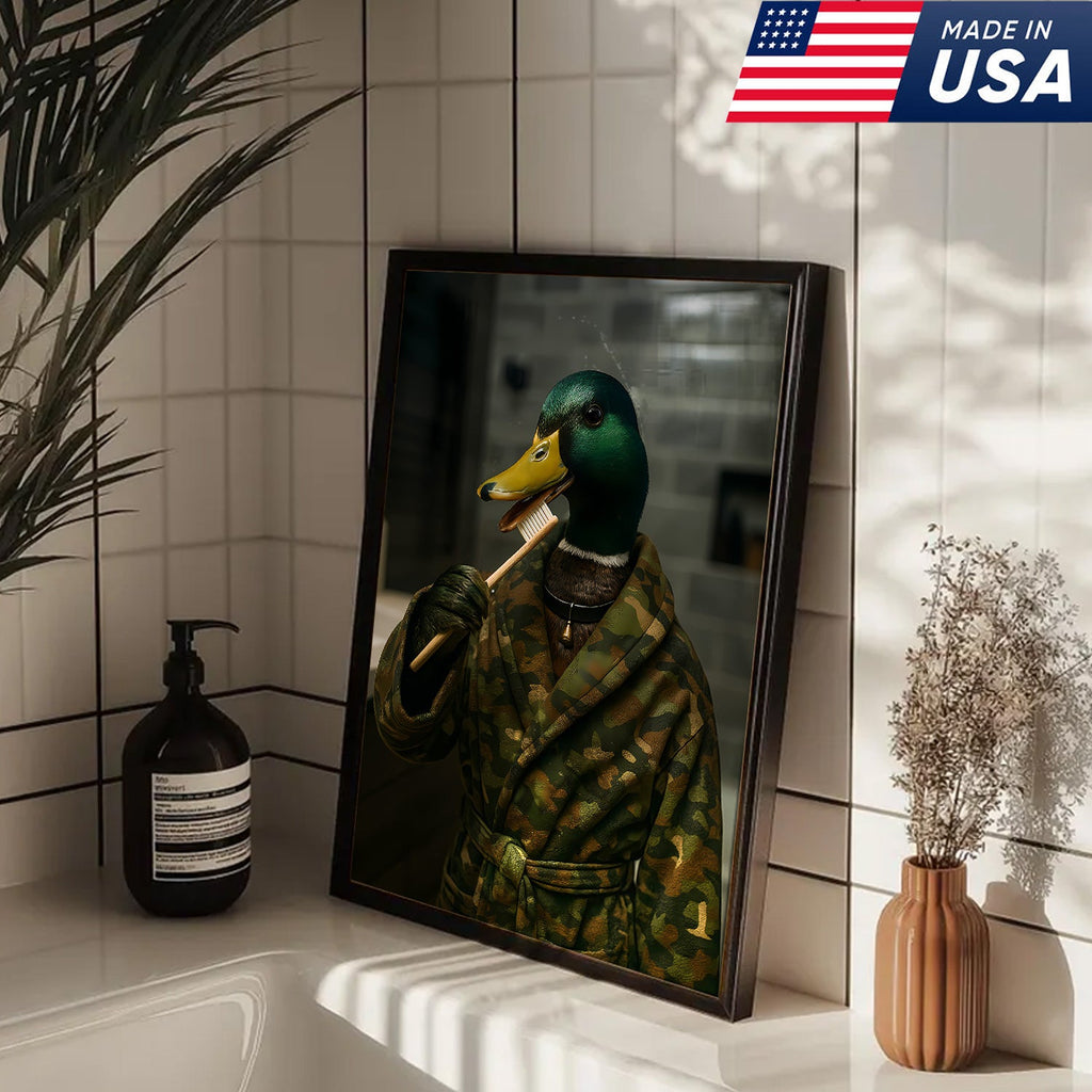Funny Duck Brushing Teeth Canvas – Bathroom Wall Art for Men, Morning Routine Humor Decor