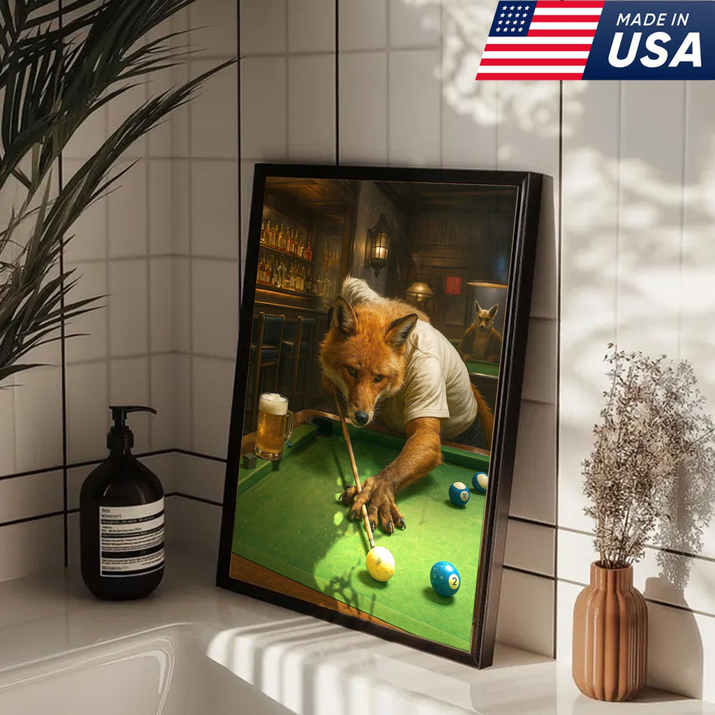 Fox Playing Pool Canvas Wall Art, Funny Billiards Room Decor, Game Room & Pool Hall Gift