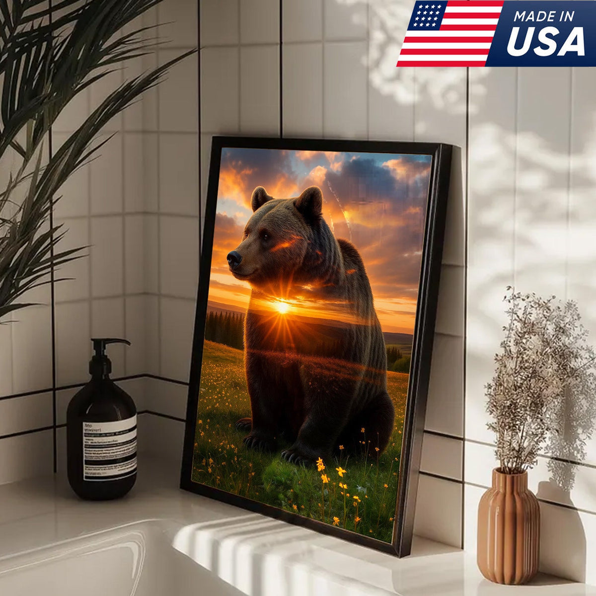 Sunset Bear Canvas Wall Art, Majestic Brown Bear Nature Landscape Print