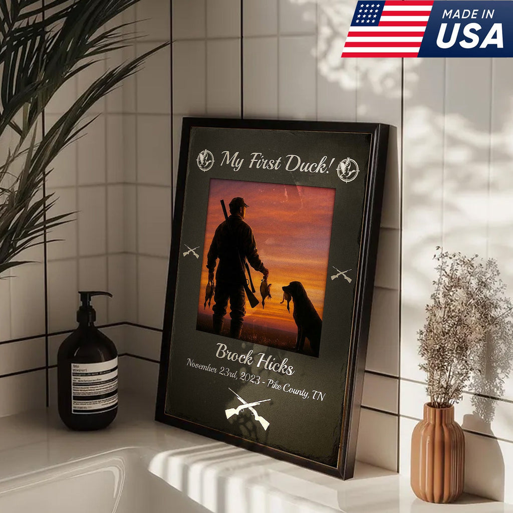 Custom My First Duck Wall Art Canvas, Personalized Duck Hunting Sunset with Dog