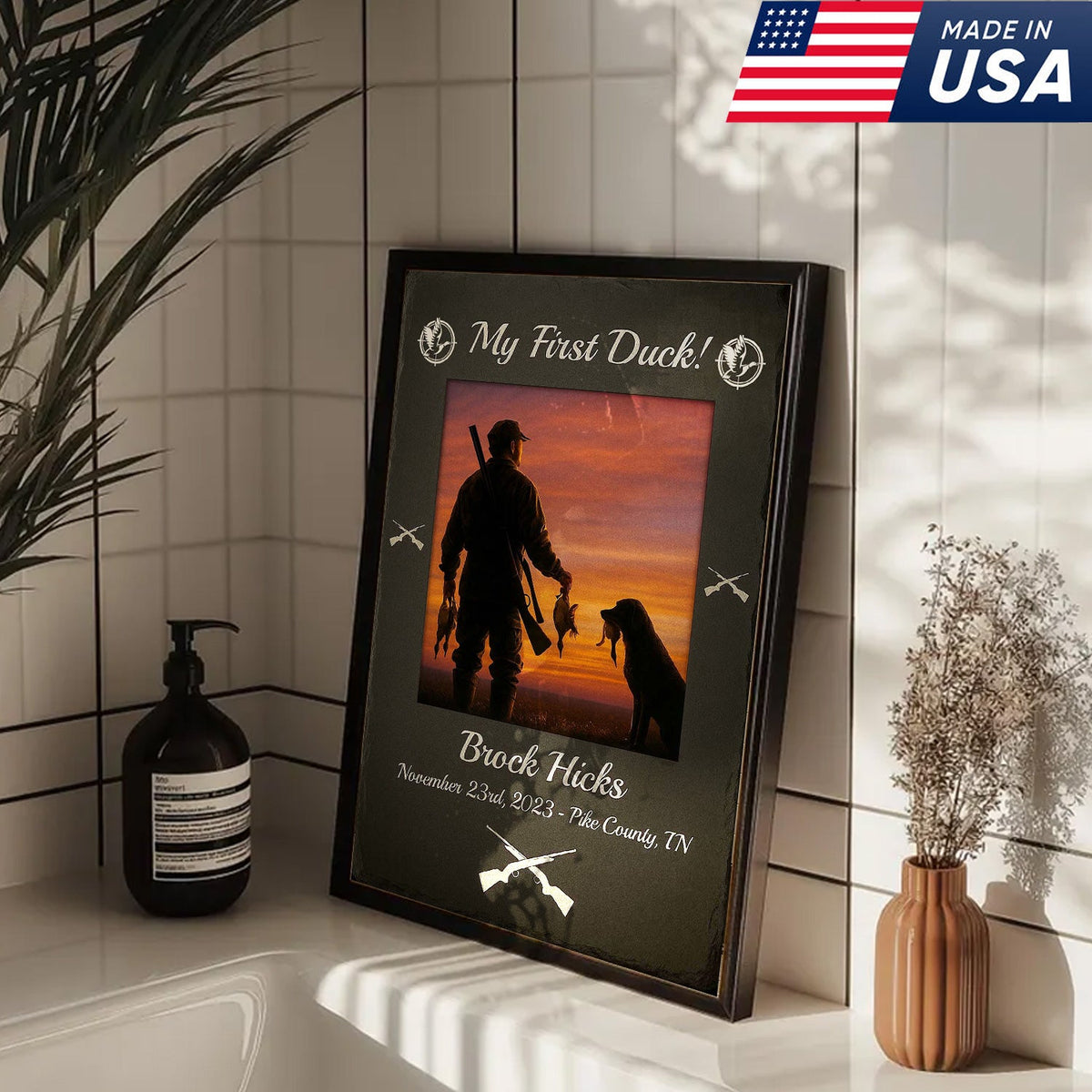 Custom My First Duck Wall Art Canvas, Personalized Duck Hunting Sunset with Dog