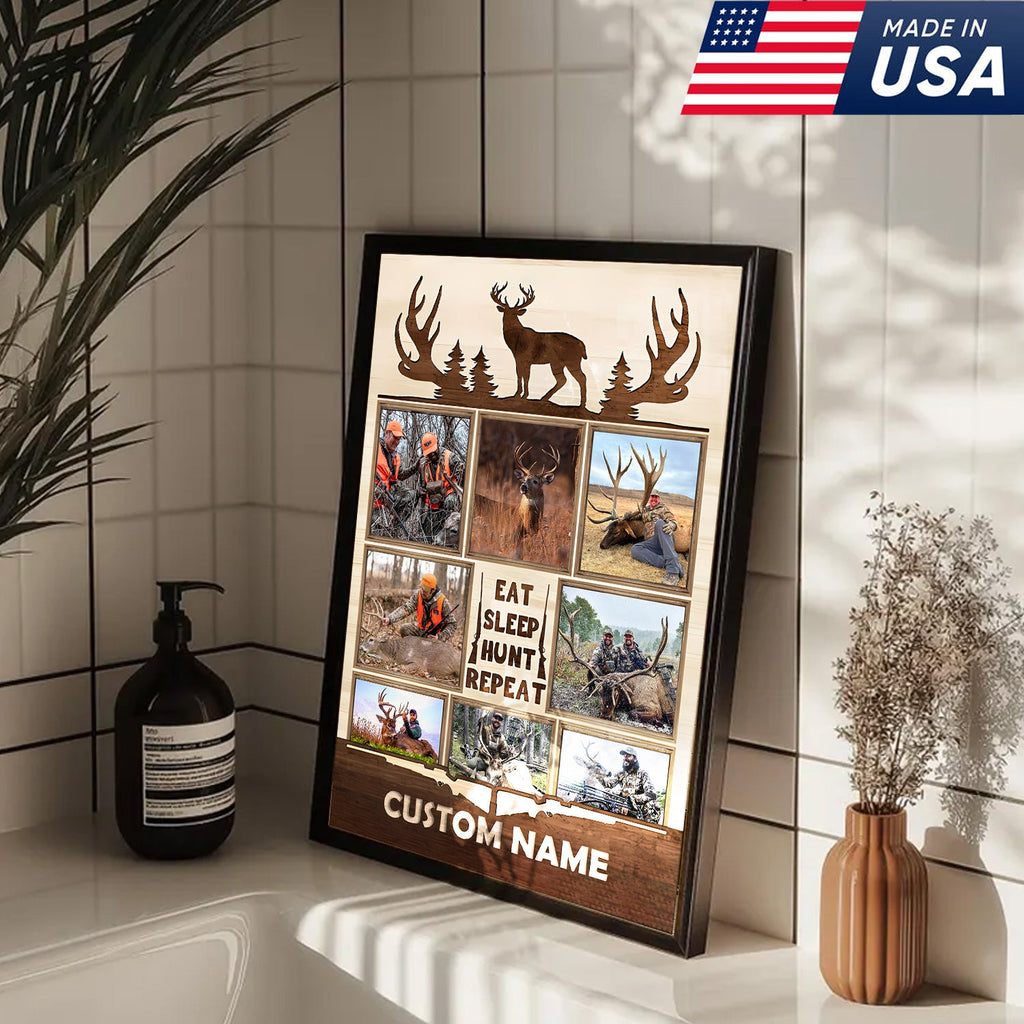 Personalized Hunting Photo Collage Canvas, Deer Antler Wall Art, Custom Hunter Gift