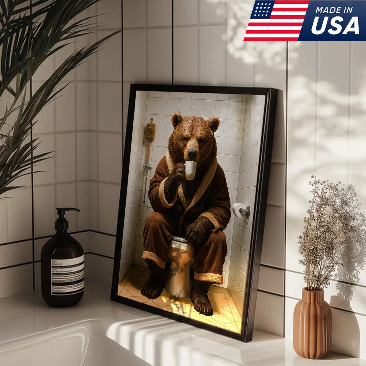 Hilarious Bear Toilet Canvas Wall Art – Morning Coffee, Quirky Bathroom Humor