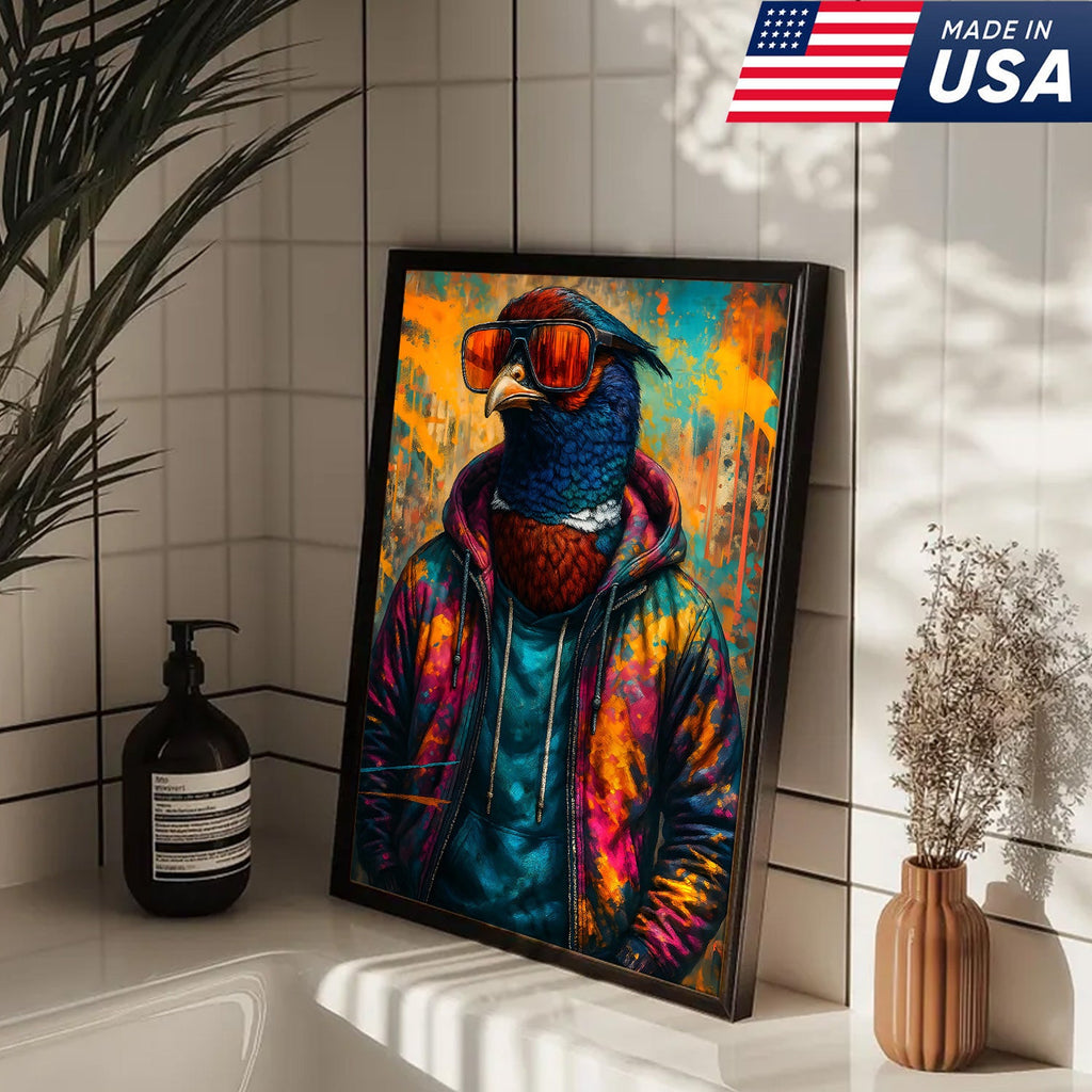 Cool Pheasant Wall Art – Hipster Bird in Hoodie Canvas Print, Urban Street Style Home Decor Gift