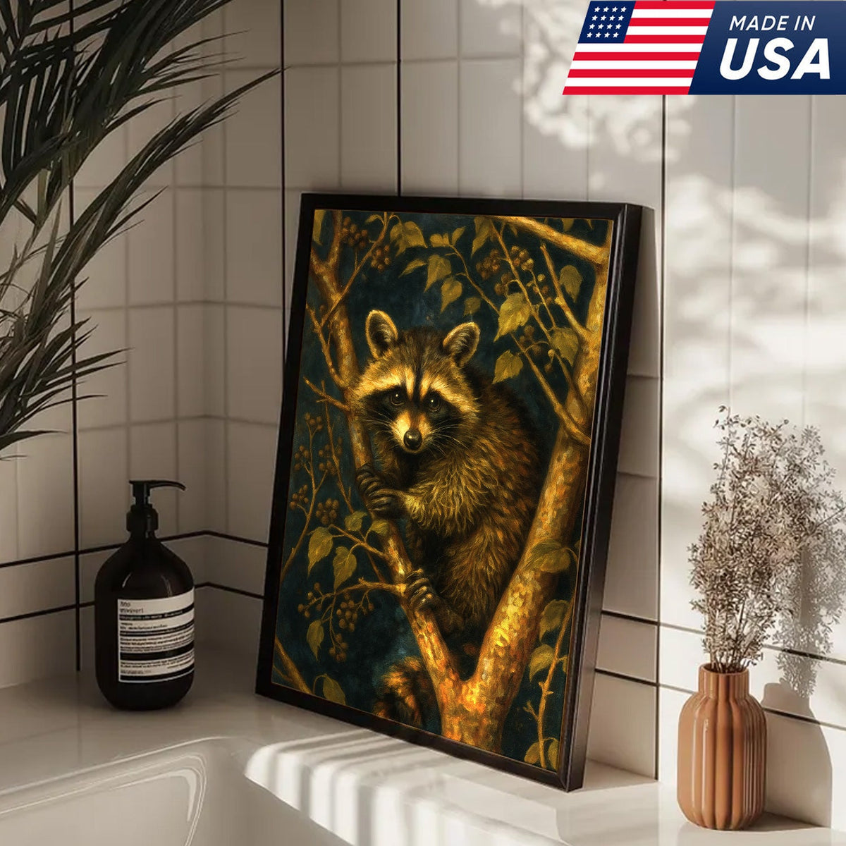 Raccoon Canvas Wall Art – Forest Night Wildlife, Rustic Lodge Decor, Gift for Animal Lovers