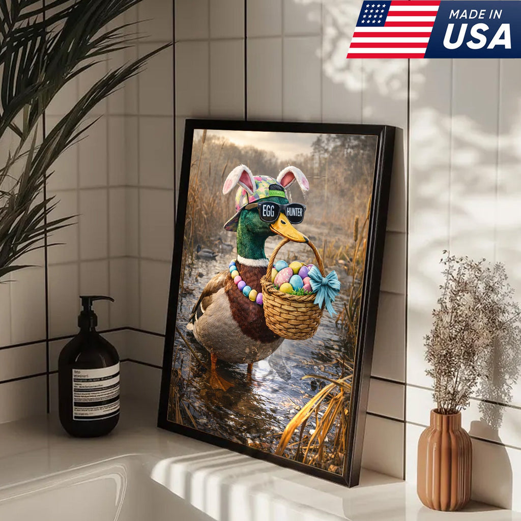 Funny Easter Duck Canvas Wall Art, Egg Hunter Mallard with Basket Portrait