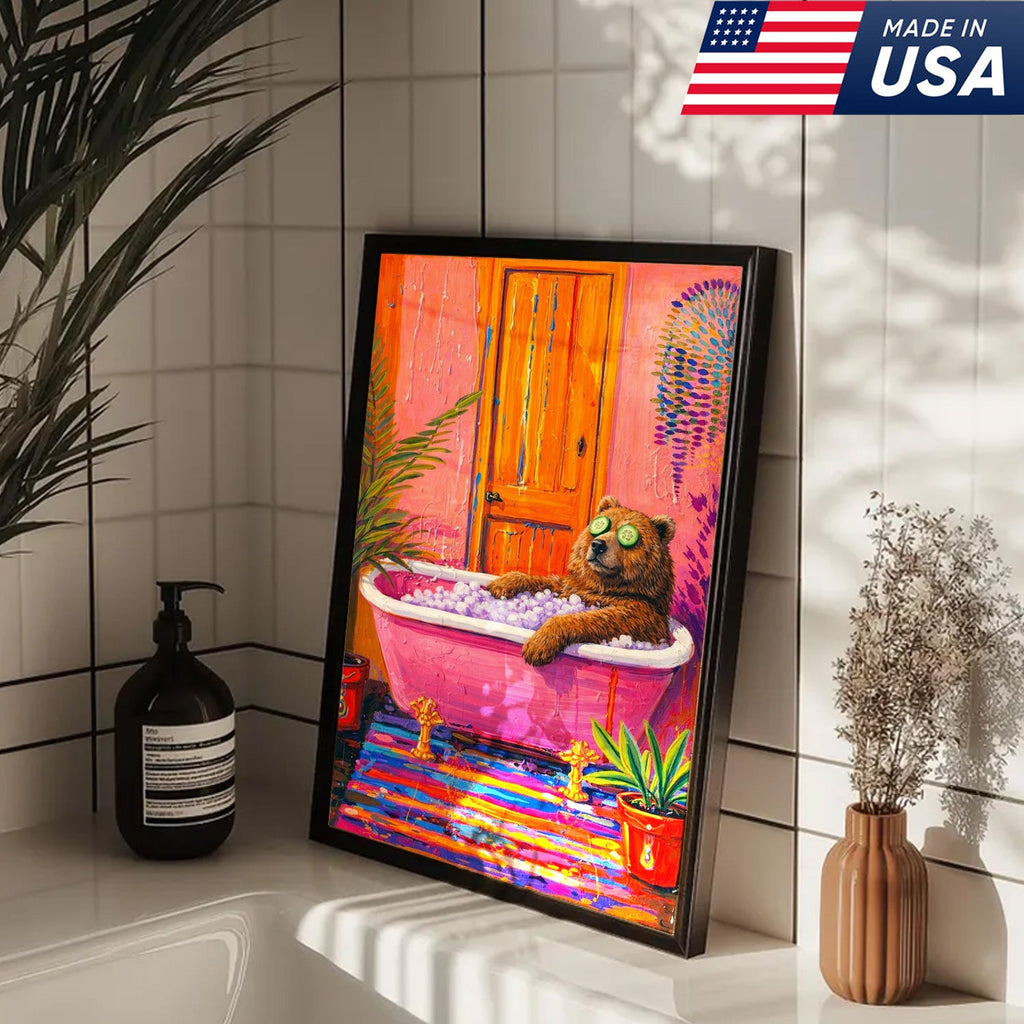 Funny Bear Bath Canvas Wall Art – Colorful Animal Bathroom Decor
