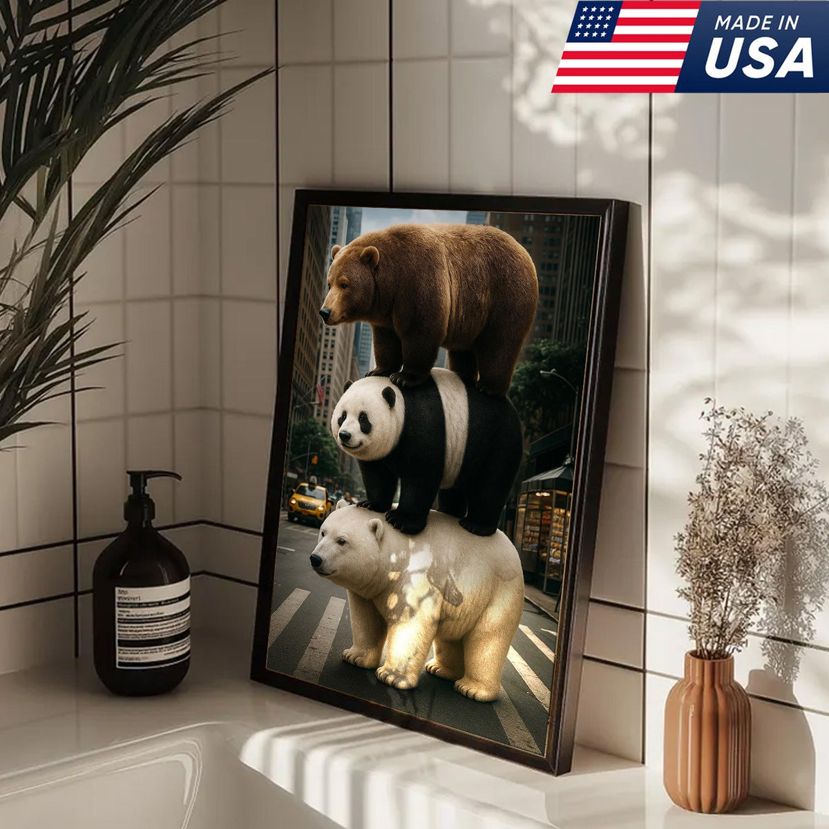 Bear Stack Canvas Wall Art, Cute Polar Panda Brown Bear in City Street Print