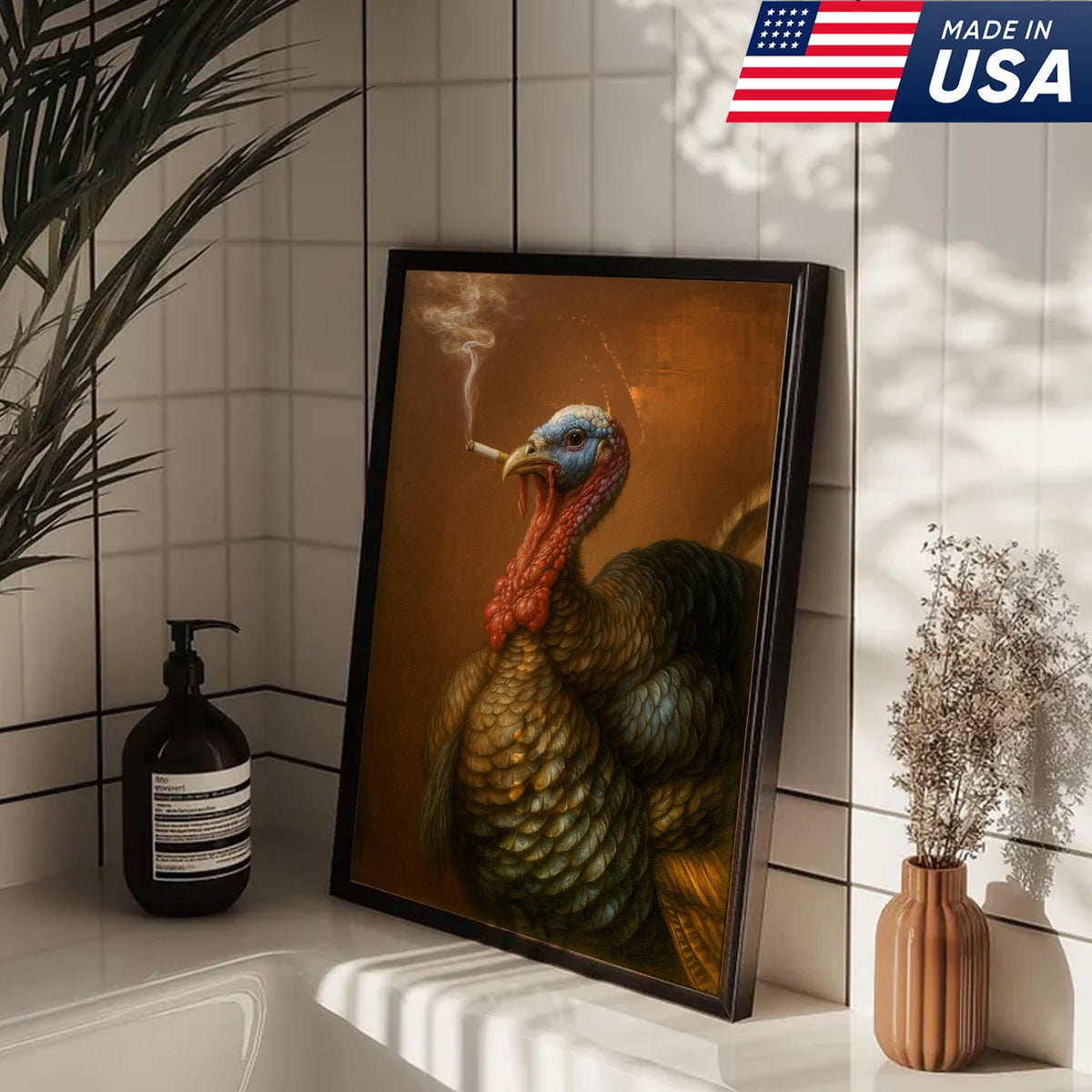 Funny Turkey Smoking Canvas Wall Art – Rustic Farmhouse Gift for Hunters & Wildlife Lovers