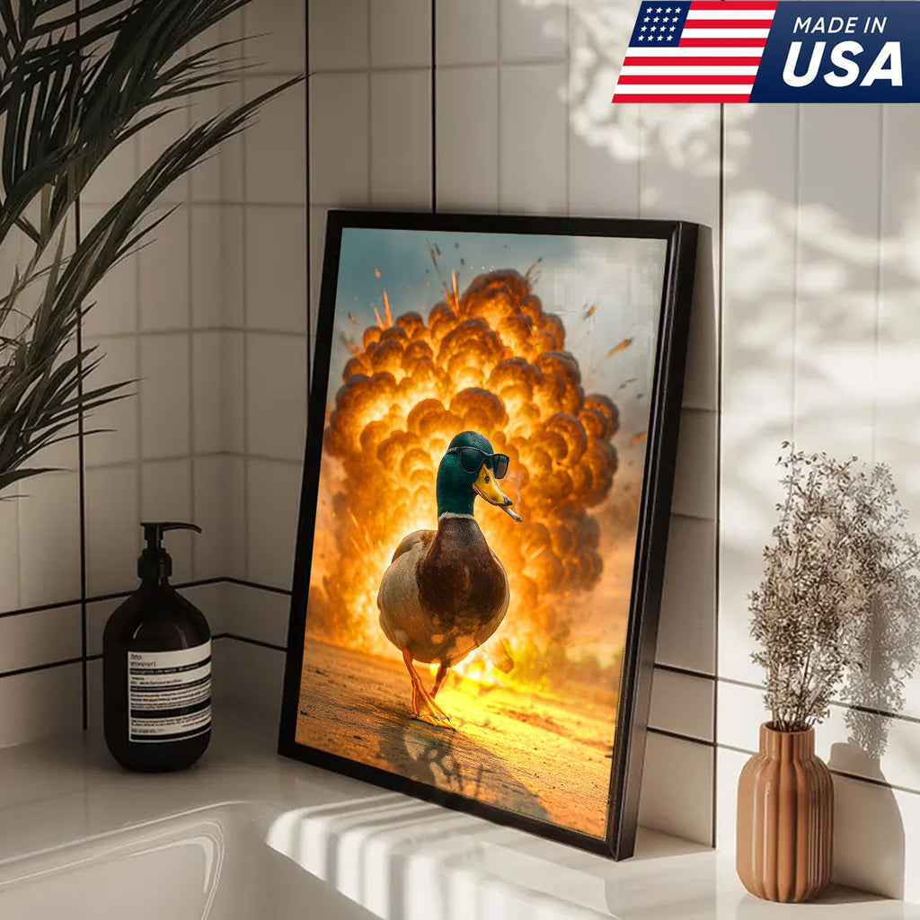 Cool Duck Walking from Explosion Canvas Wall Art, Funny Action Movie Style Decor for Man Cave
