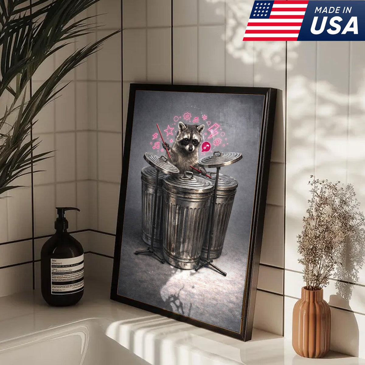 Funny Drummer Raccoon Wall Art Canvas Print, Music Lover Animal Illustration