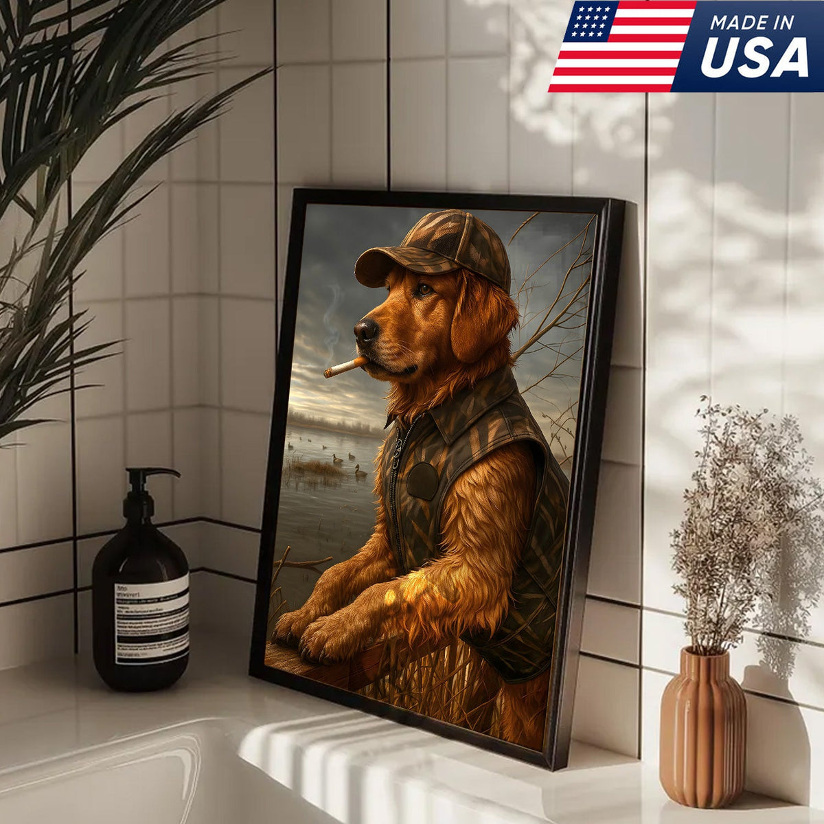 Golden Retriever Hunting Dog Canvas Wall Art, Duck Hunter Lab in Camo Vest