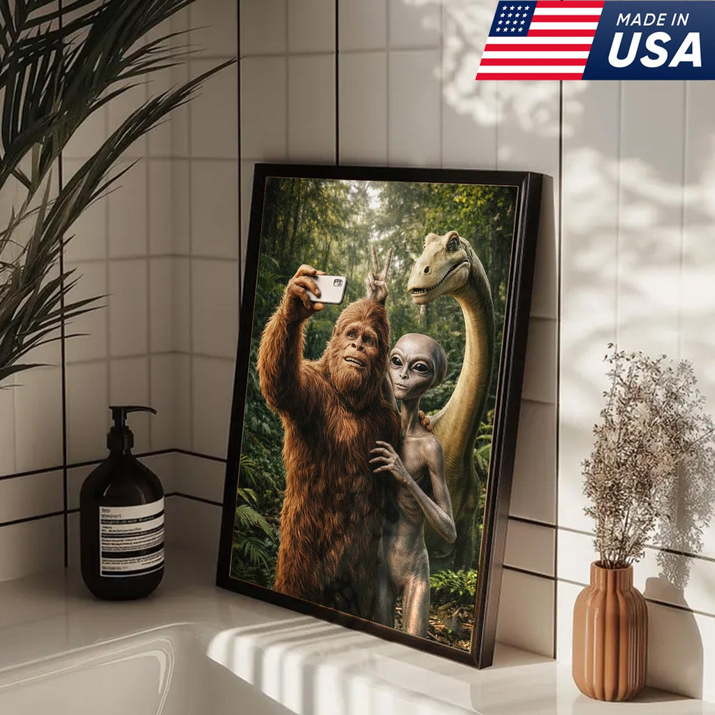 Funny Bigfoot Alien Dinosaur Selfie Canvas Wall Art, Whimsical Fantasy Creature Humor Print